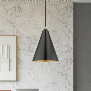 Dulce 1-Light Shiny Black Cone Pendant, Polished Chrome Accents