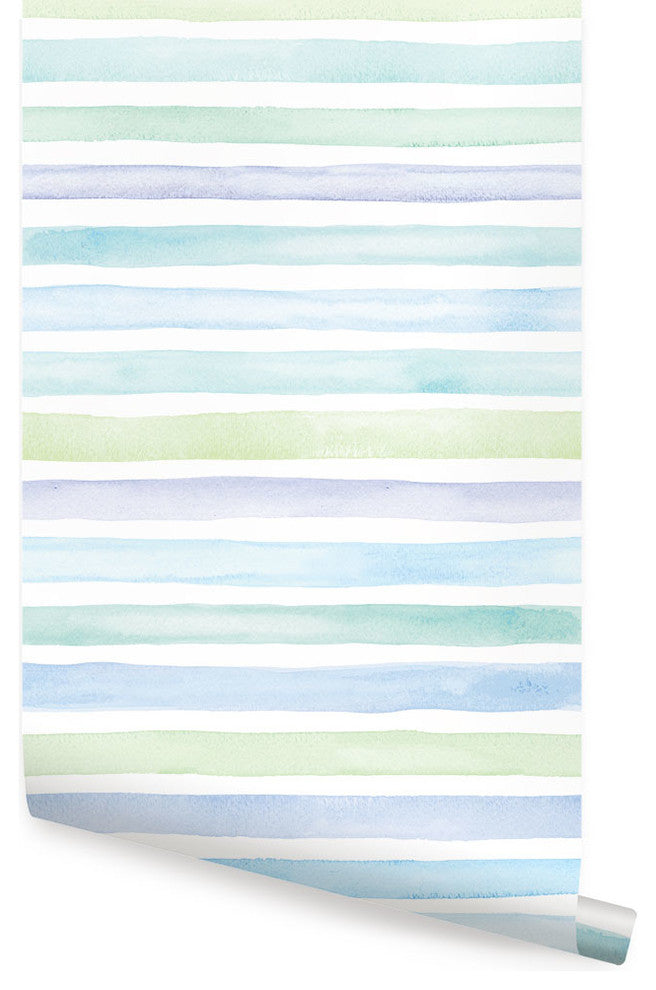 Watercolor Stripes Peel and Stick Vinyl Wallpaper, Ocean Blue, 24"w X 108"h