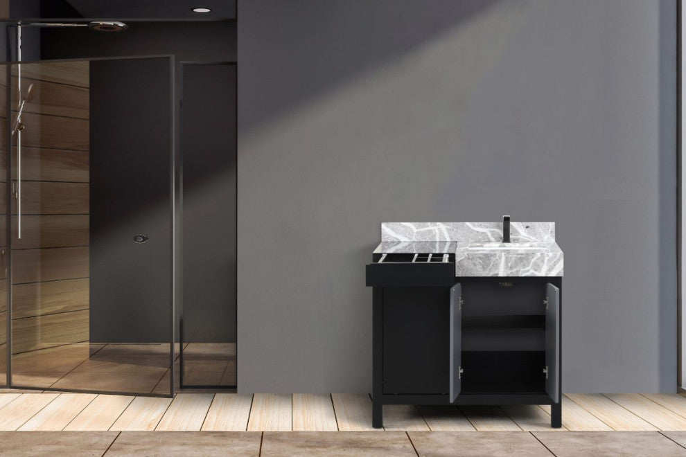 Zilara 36" Black and Grey Vanity, Castle Grey Marble Top, and Faucet Set