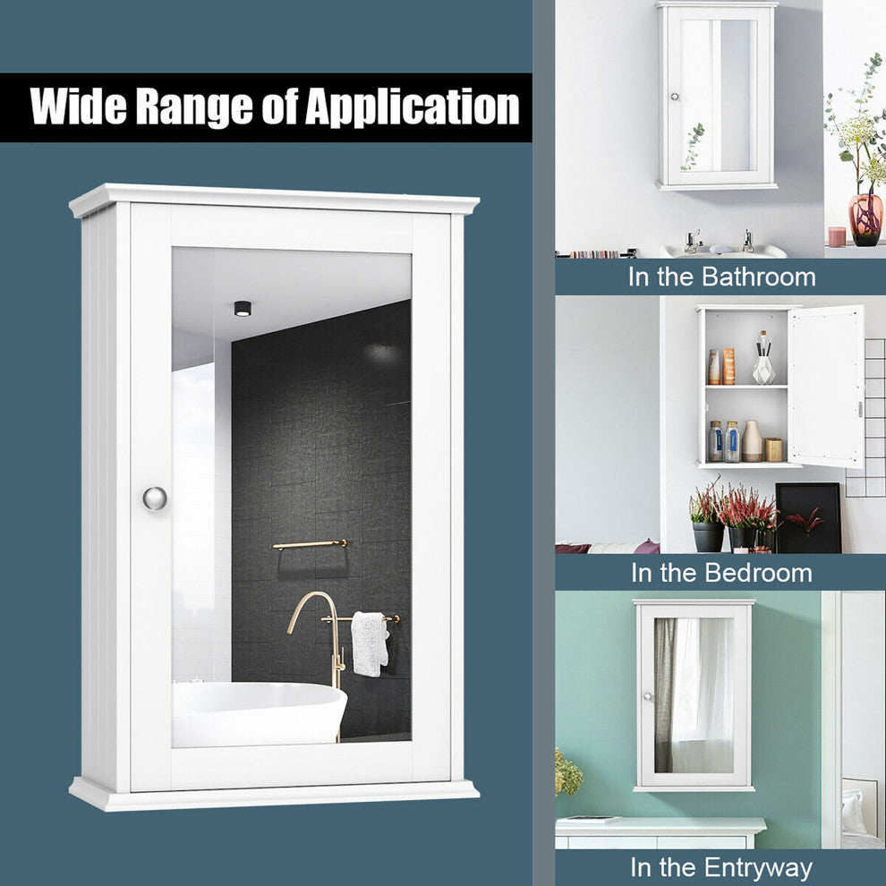 Costway New Bathroom Wall Cabinet Single Mirror Door Storage Wood Shelf White