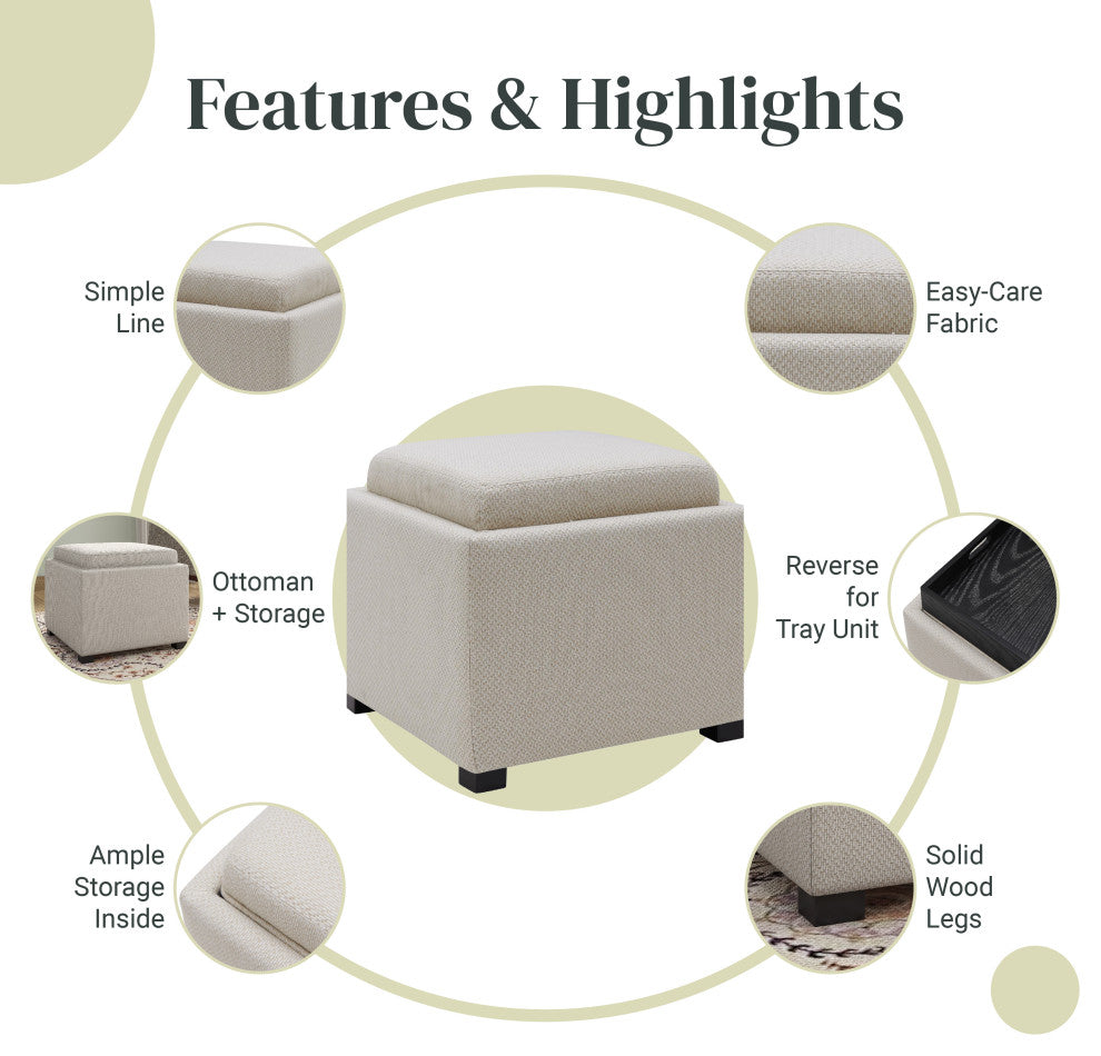 Cameron Square Storage Ottoman w/ tray, Cardiff Cream, Fabric