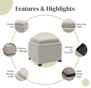 Cameron Square Storage Ottoman w/ tray, Cardiff Cream, Fabric