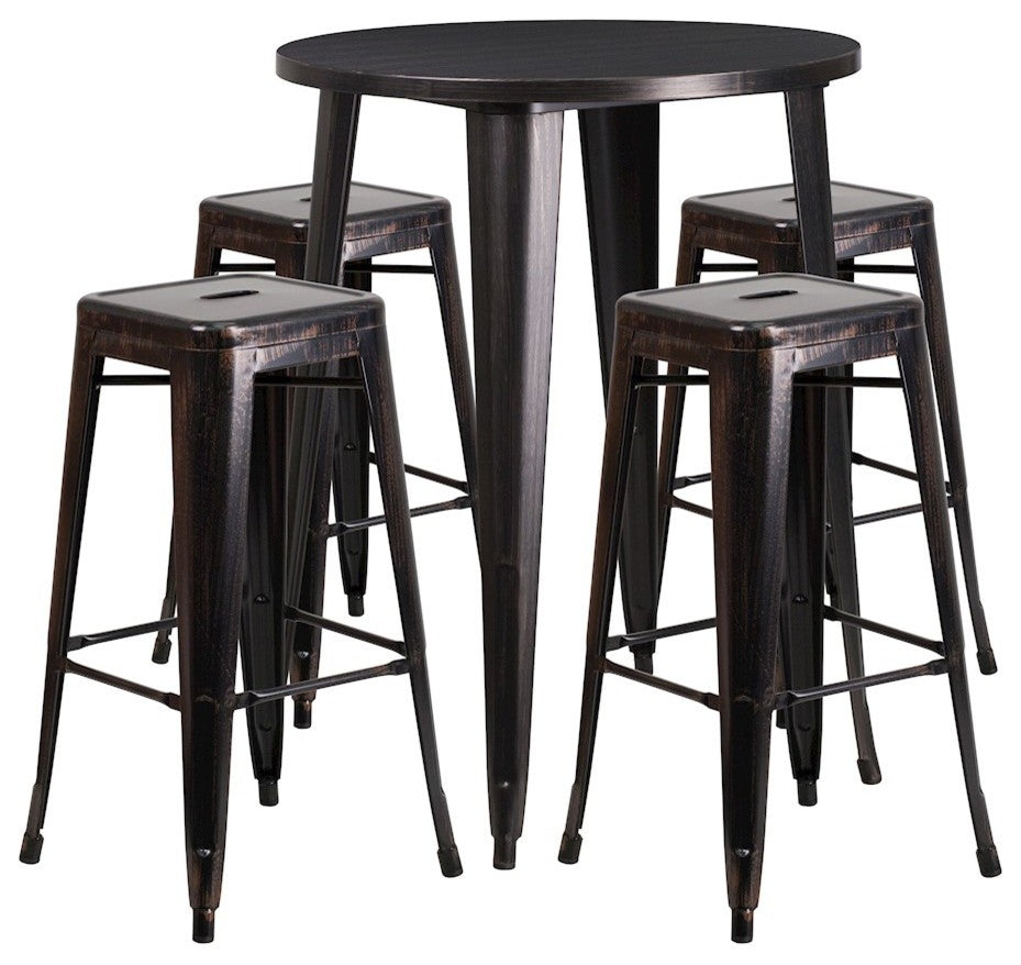 30'' Round Black-Antique Gold Metal Indoor-Outdoor Bar Table-4 Barstools