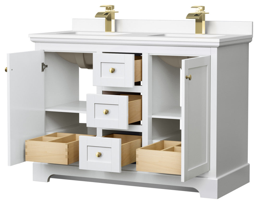 48"DBL Bath Vanity, White, White Cult. Marble Countertop, Sinks, Gold Trim