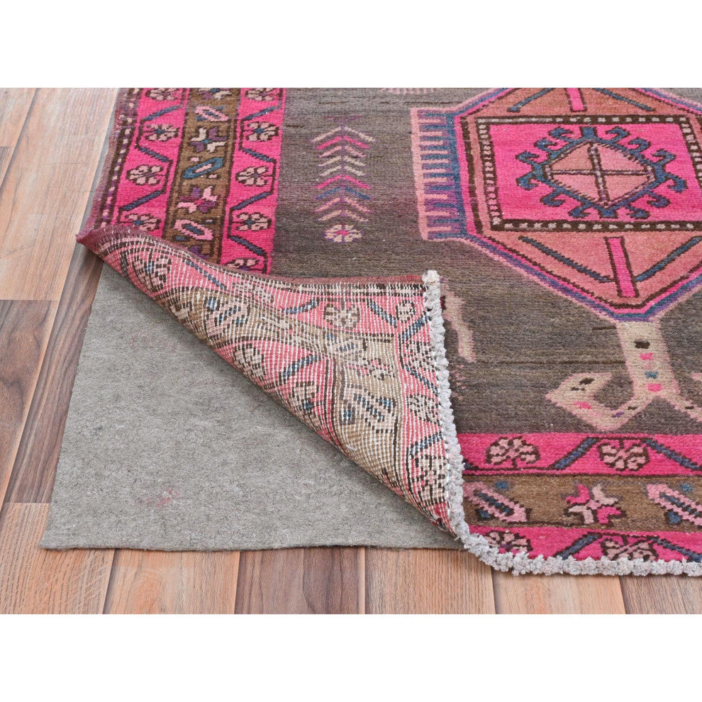 Mocha Brown With Pink Old Persian Heriz Hand Knotted Pure Wool Rug, 3'7"x10'1"
