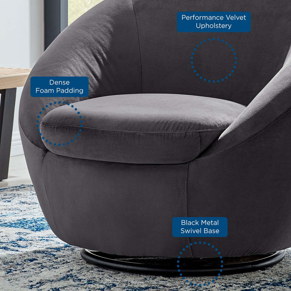 Armchair Swivel Accent Chair, Black Gray, Velvet, Modern, Cafe Hospitality