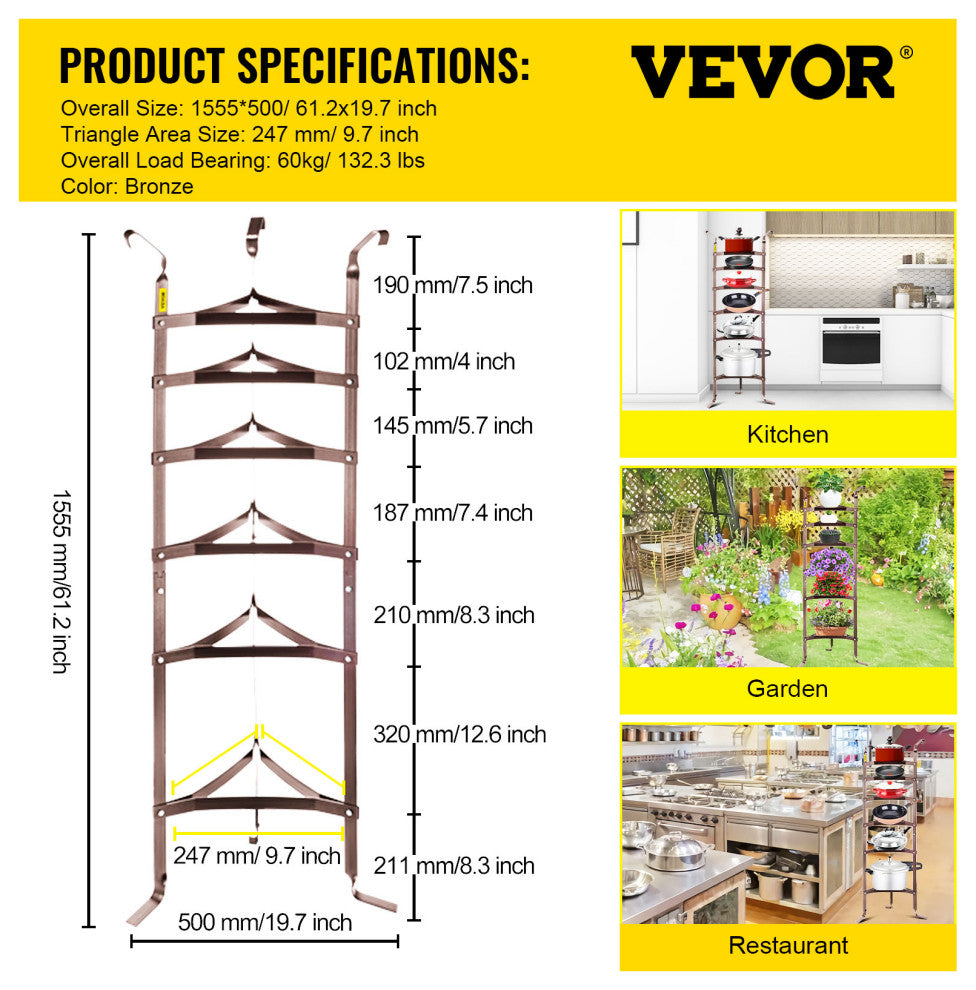 VEVOR Cookware Stand Vertical Pot Rack 6-Tier Storage Kitchen Decor Steel 61". H