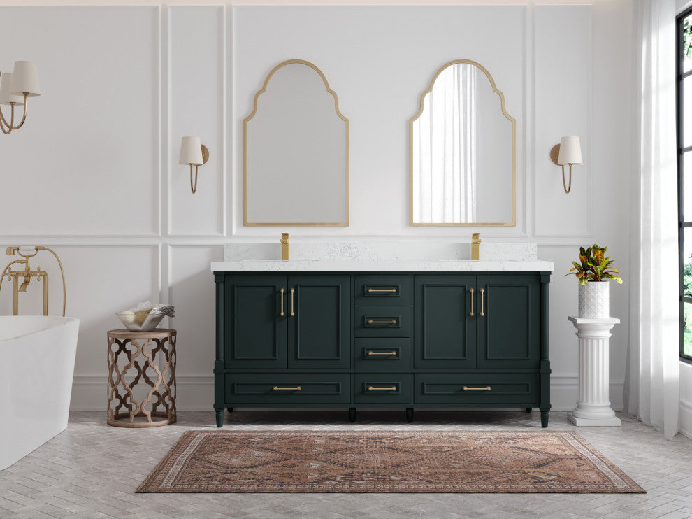 Aberdeen 72 Double Sink Bath Vanity in Dark Forest Green 2" Empira Quartz