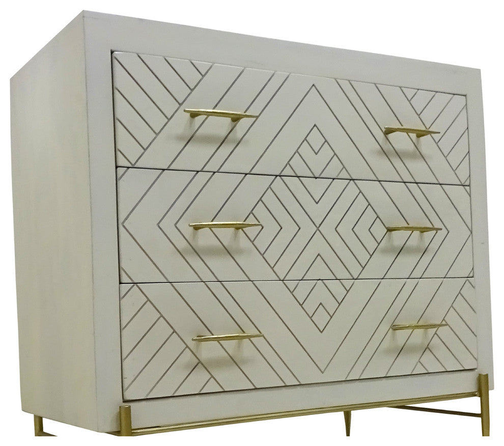 Perez 3-Drawer Solid Wood Chest in Ivory Finish on Brass-Finished Iron Base