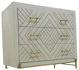 Perez 3-Drawer Solid Wood Chest in Ivory Finish on Brass-Finished Iron Base