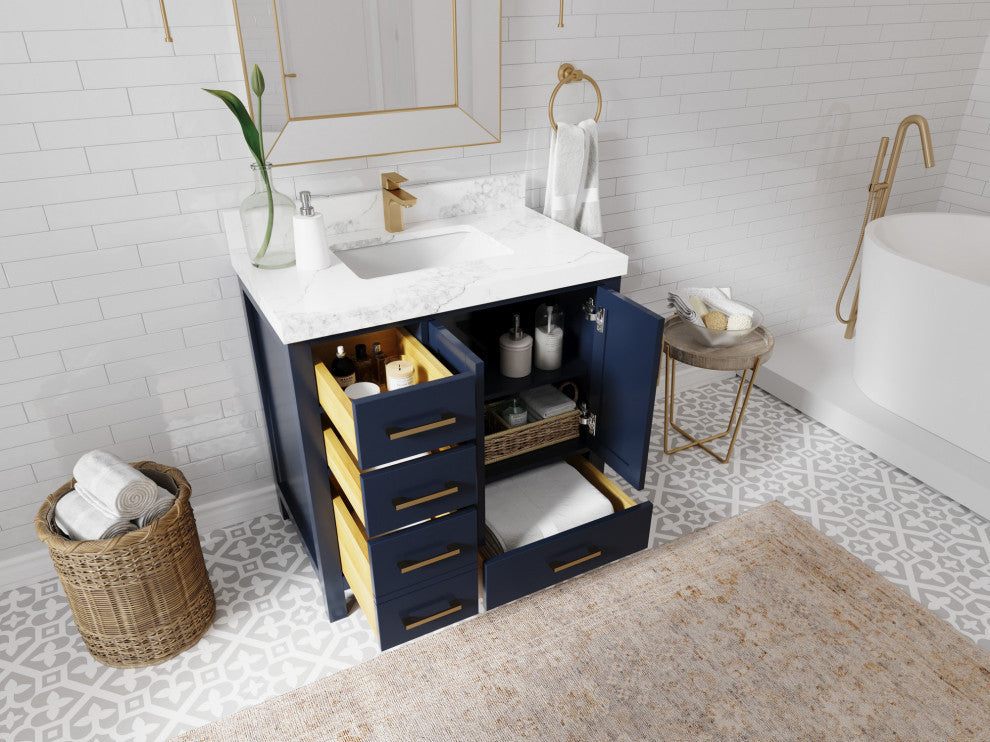 Malibu 36 Center Sink Bath Vanity in Navy Blue 2" Calacatta Laza