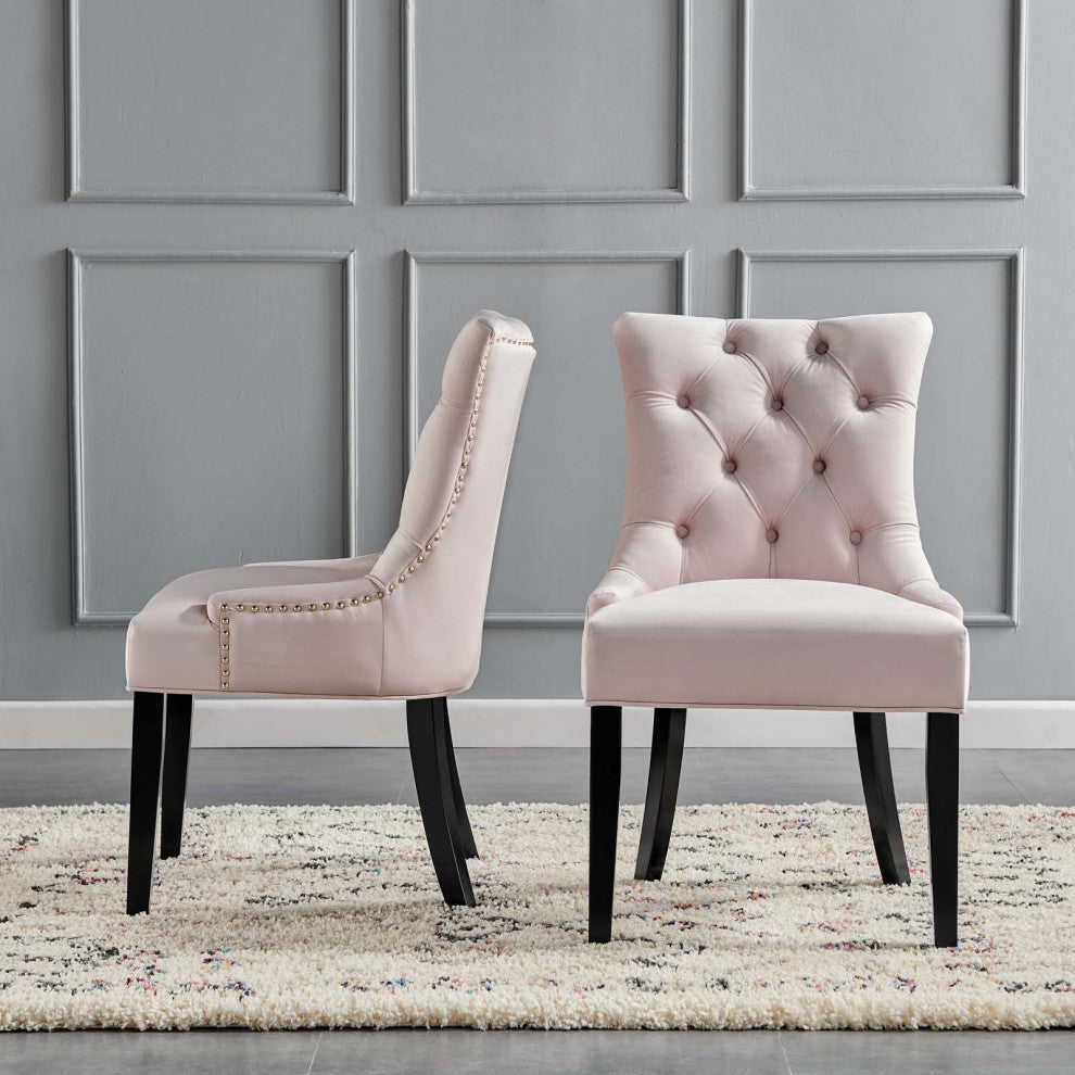 Tufted Side Dining Chair, Set of 2, Velvet, Wood, Pink, Cafe Bistro Restaurant