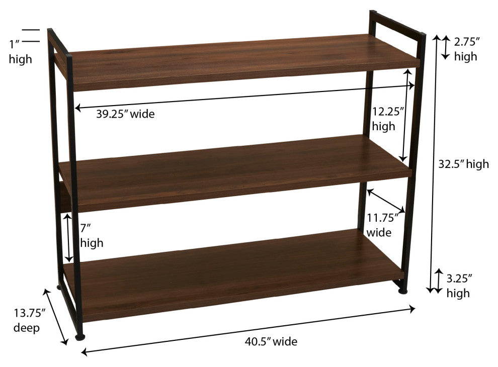 Jamestown Wide 3 Shelf Open Storage Bookshelf Mid Century Walnut, Black Metal