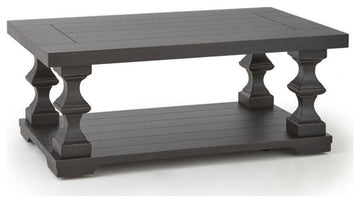 Bowery Hill Wood Coffee Table with Planked Top and Pedestal Base in Ebony