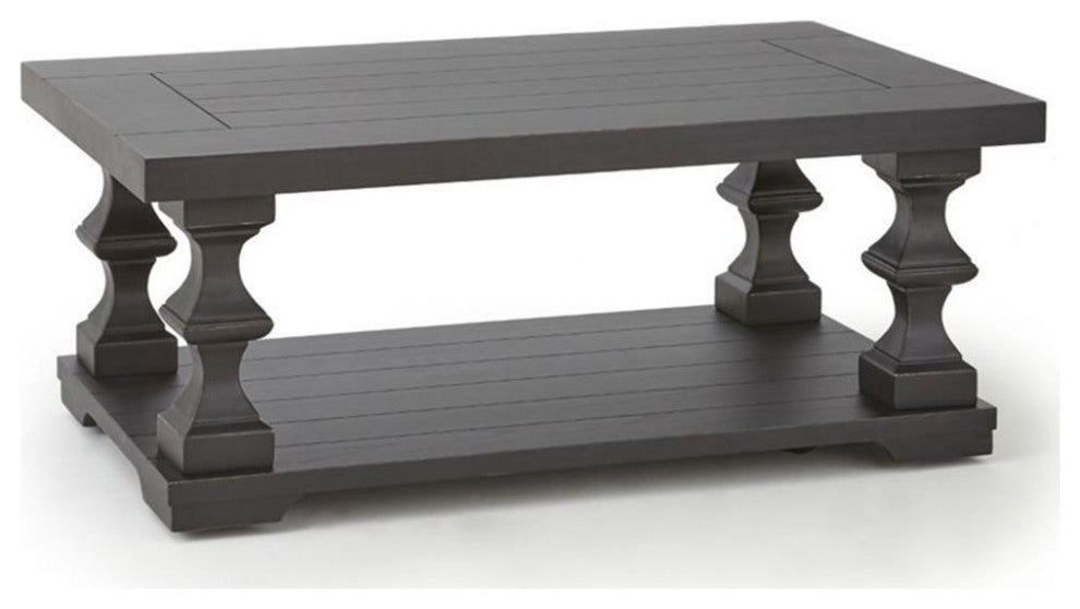 Bowery Hill Wood Coffee Table with Planked Top and Pedestal Base in Ebony