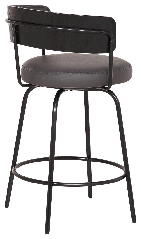 Avalon 26" Gray Faux Leather Swivel Barstool, Black Powder Coated Finish