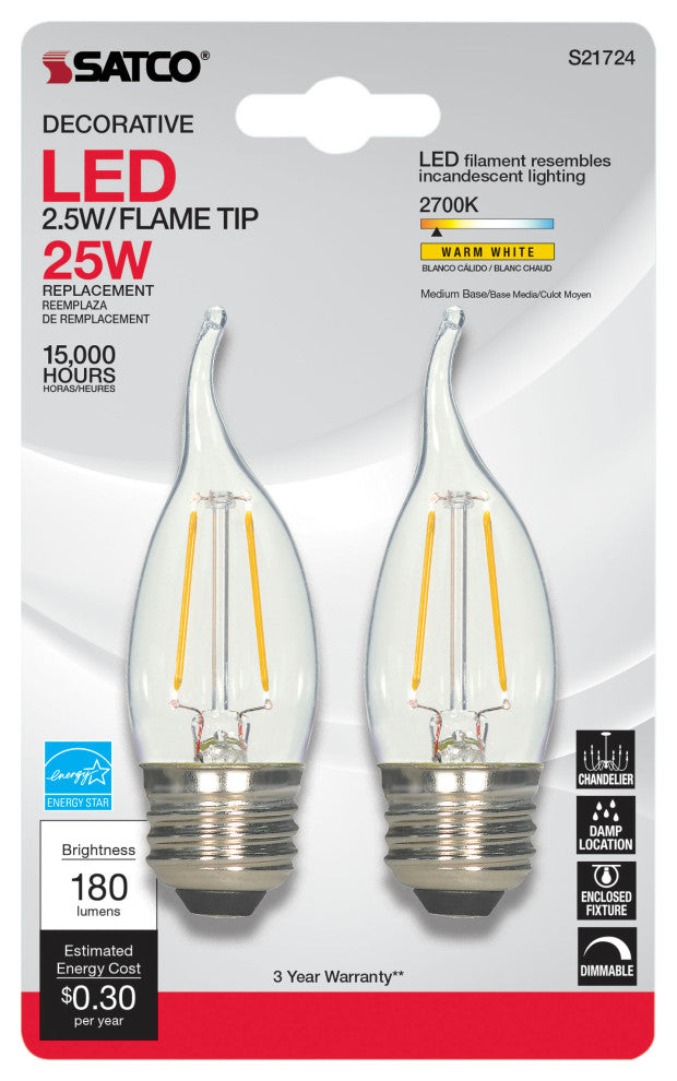 2.5W CA10 LED, Clear, Medium Base, 2700K, 120V, 2-Card