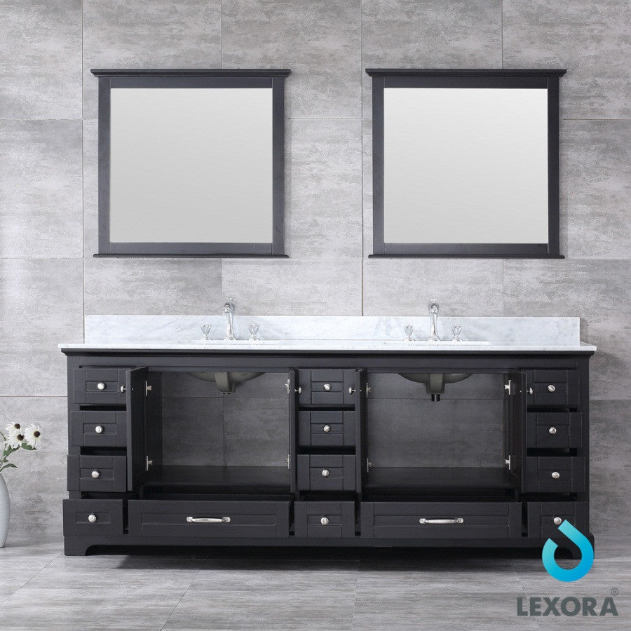 84" Espresso Double Vanity, White Carrara Marble Top, White Sinks & 34" Mirrors