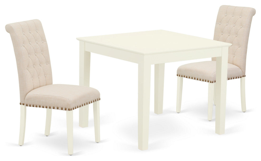 3Pc Dinette Set, Square Table, Two Chairs, Light Beige Fabric, Linen White