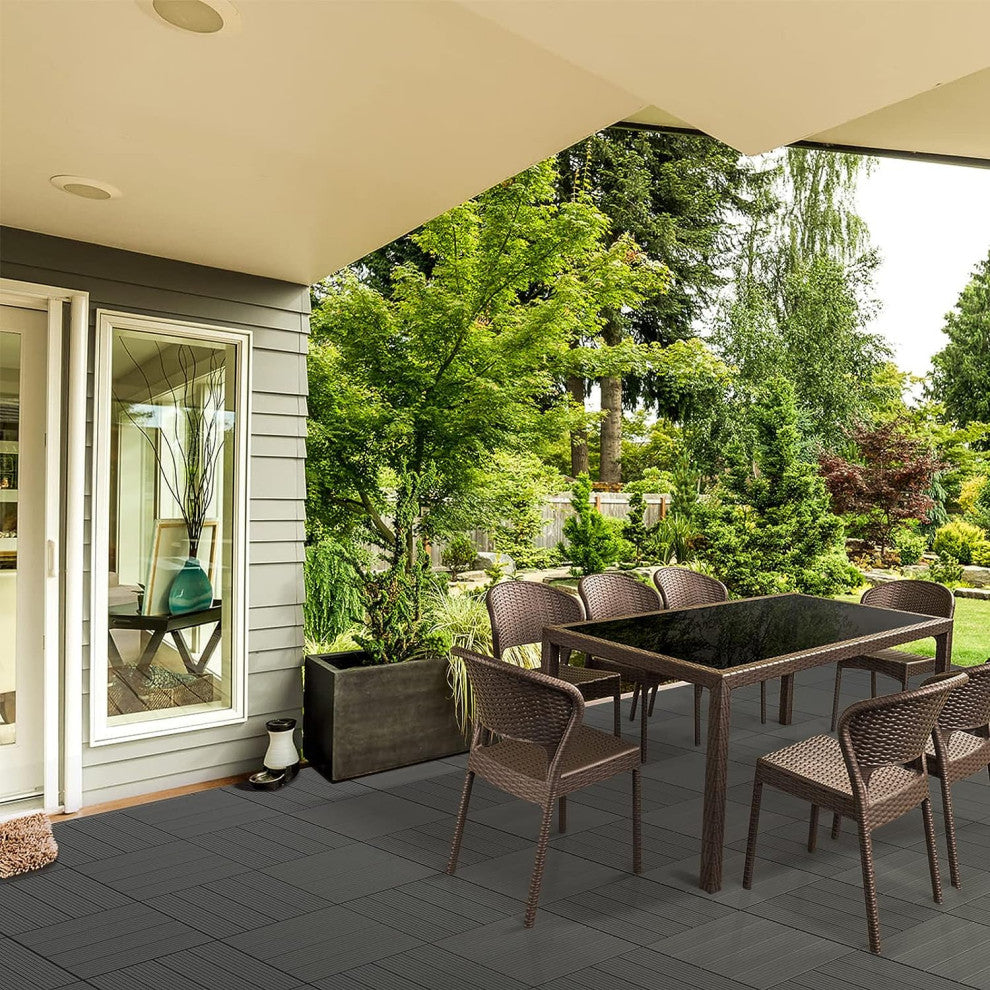 Wood Plastic Composite Interlocking Patio Deck Tiles, 12"x12" Waterproof Indoor, Dark Grey, Set of 21