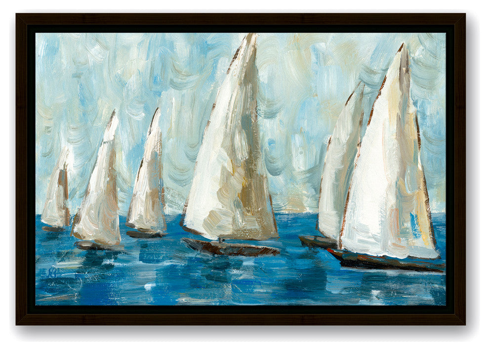 Blue Coastal Sailboat Race 12x18 Walnut Floating Framed Canvas