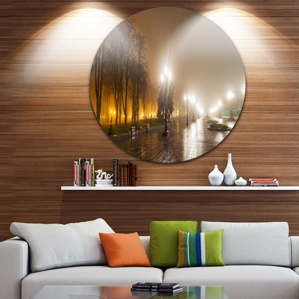 Avenue Of City Park At Night, Cityscape Photo Round Wall Art, 11"