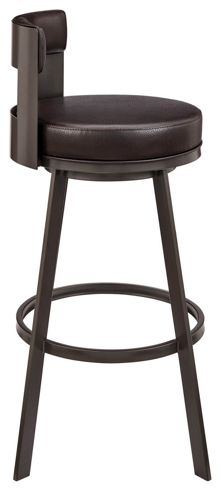 Lynof Swivel Bar Stool in Brown Metal with Brown Faux Leather