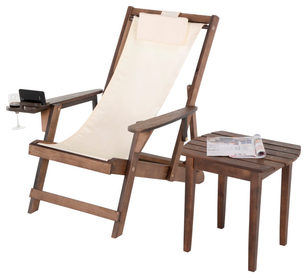 Romantic Collection Canvas Sling Chair with Cup and Wine Holder, Dark Brown Fram
