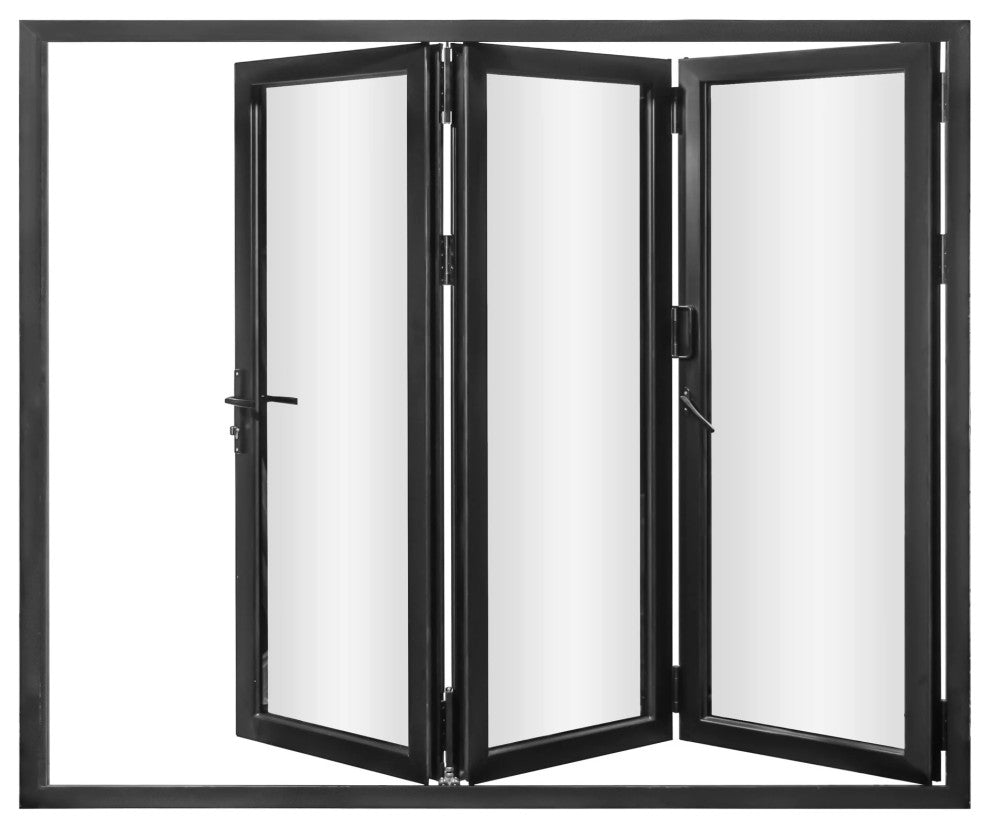 Aluminum folding patio doors 108"x96", black color. low e glass R-L30