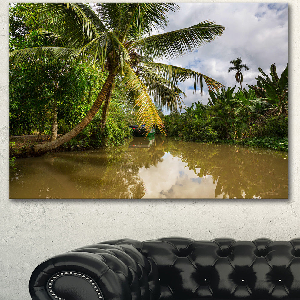 Tropical River with Bent Coconut Palm, Oversized Landscape Canvas Art, 40"x30"