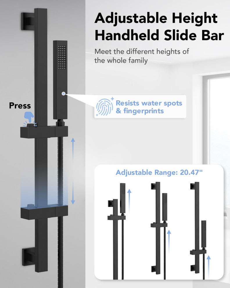 Thermostatic Shower Faucet 12" Rain Shower Head with Handheld Slide Bar System, Matte Black