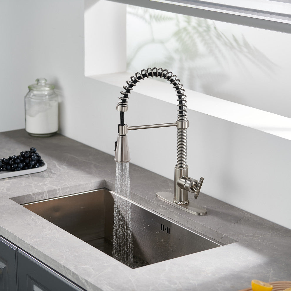 Single Handle Kitchen Faucet Pull-Down Sprayer, 360 Swivel, Three Functions, Brushed Nickel