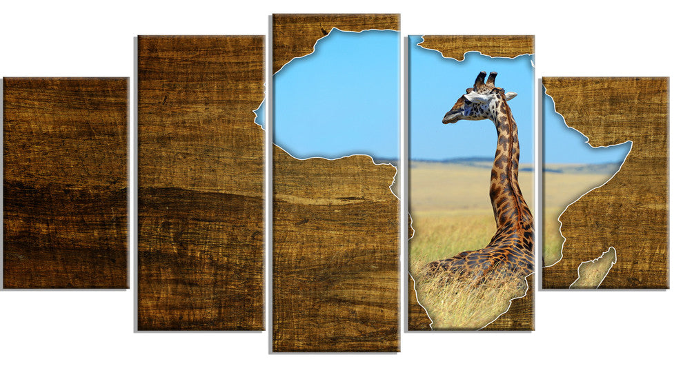 Africa Wildlife Map Design, Abstract Canvas Artwork, 60"x32", 5 Panels
