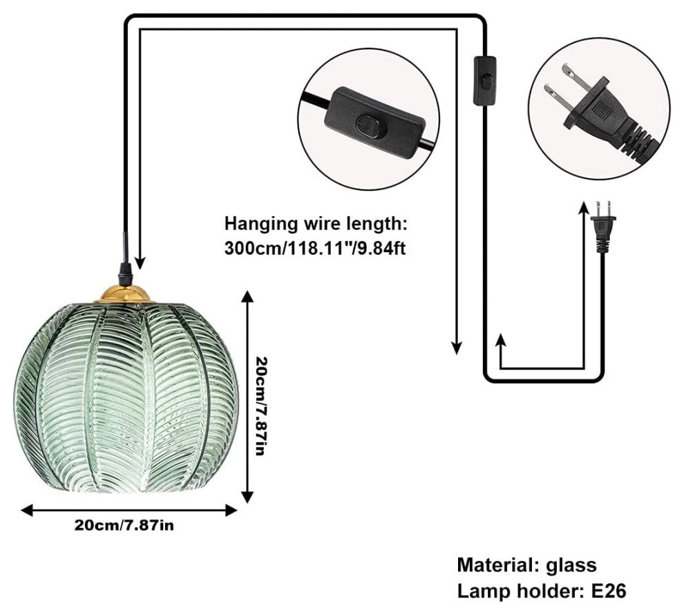 Plug In Glass Pendant Light Fixture, Modern Globe, Green
