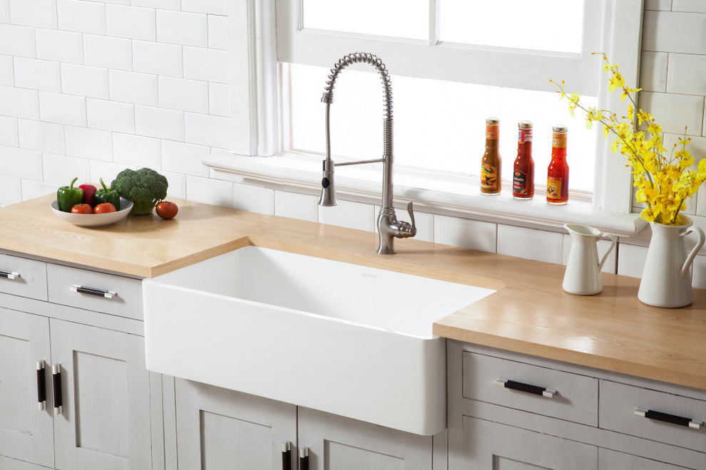 Solid Surface White Stone Front Farmhouse Single Bowl Kitchen Sink, Matte White