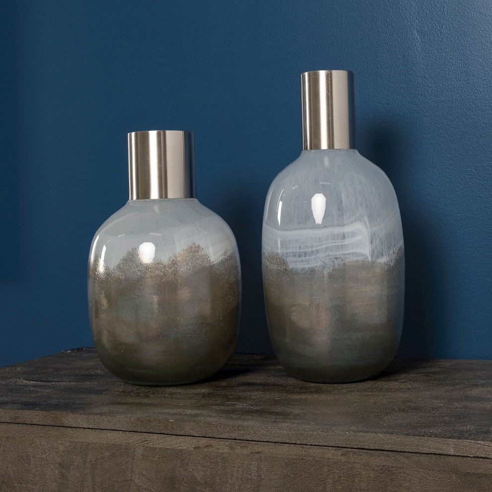 16" Cream and Brown Ombre Glass Vase With Dark Bronze Top