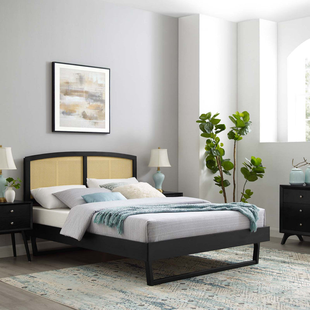 Platform Bed Frame, King Size, Wood, Black, Modern Mid-Century, Bedroom Master