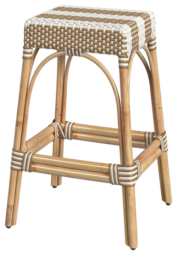 Tobias 30" Rectangular Rattan Barstool, Beige Stripe