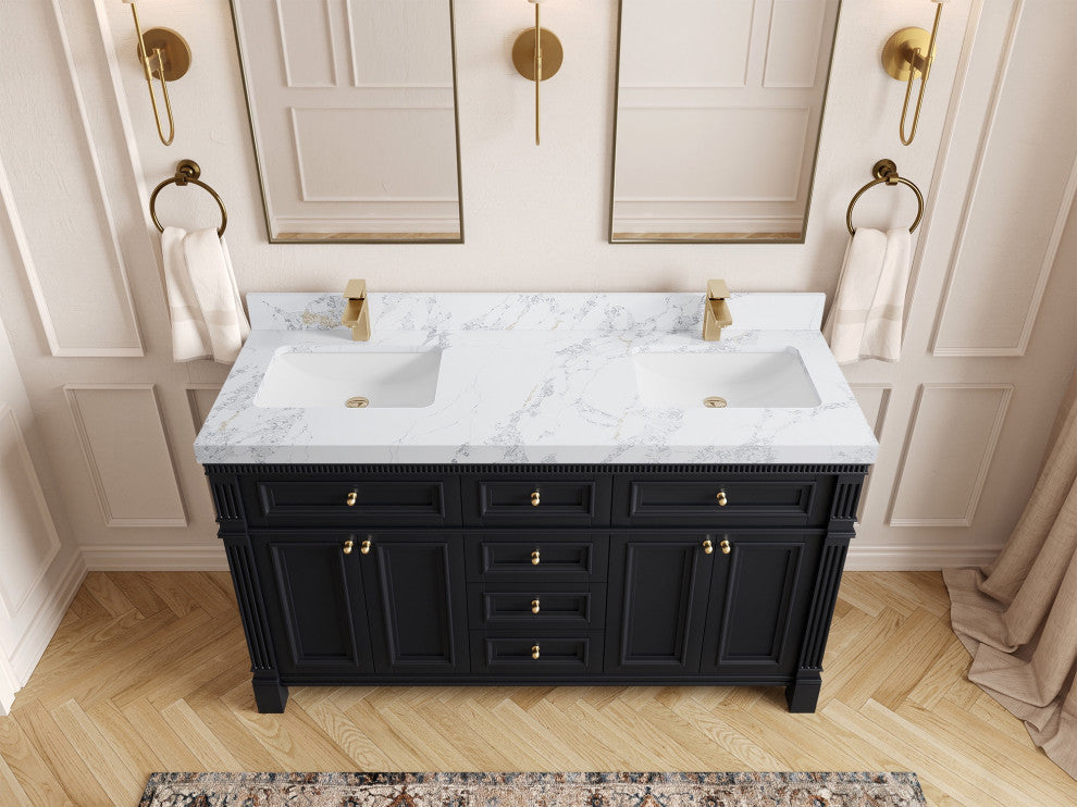 Paris 60" Double Sink Bathroom Vanity, Black 2" Calacatta Poannazo