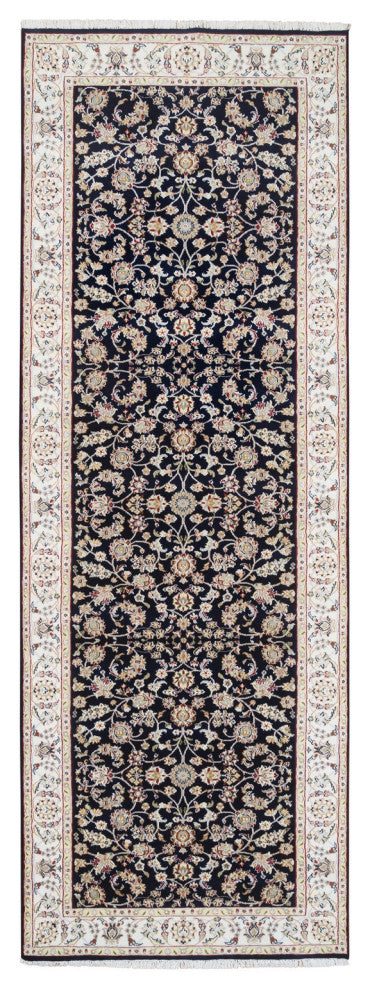 Midnight Blue, Wool and Silk Hand Knotted, Nain Fine Runner Rug, 2'8" x 9'10"