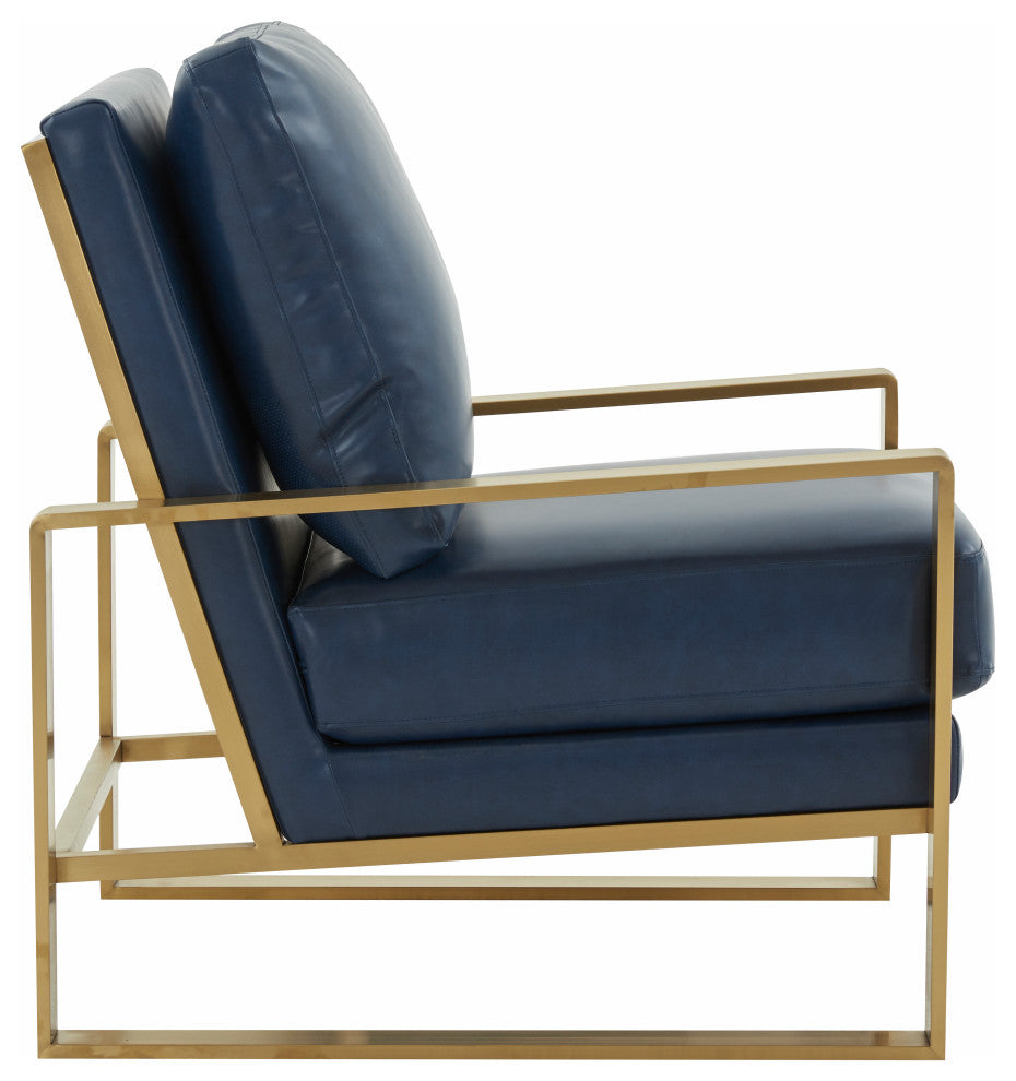 LeisureMod Jefferson Arm Chairs With Gold Frame and Coffee Table, Navy Blue
