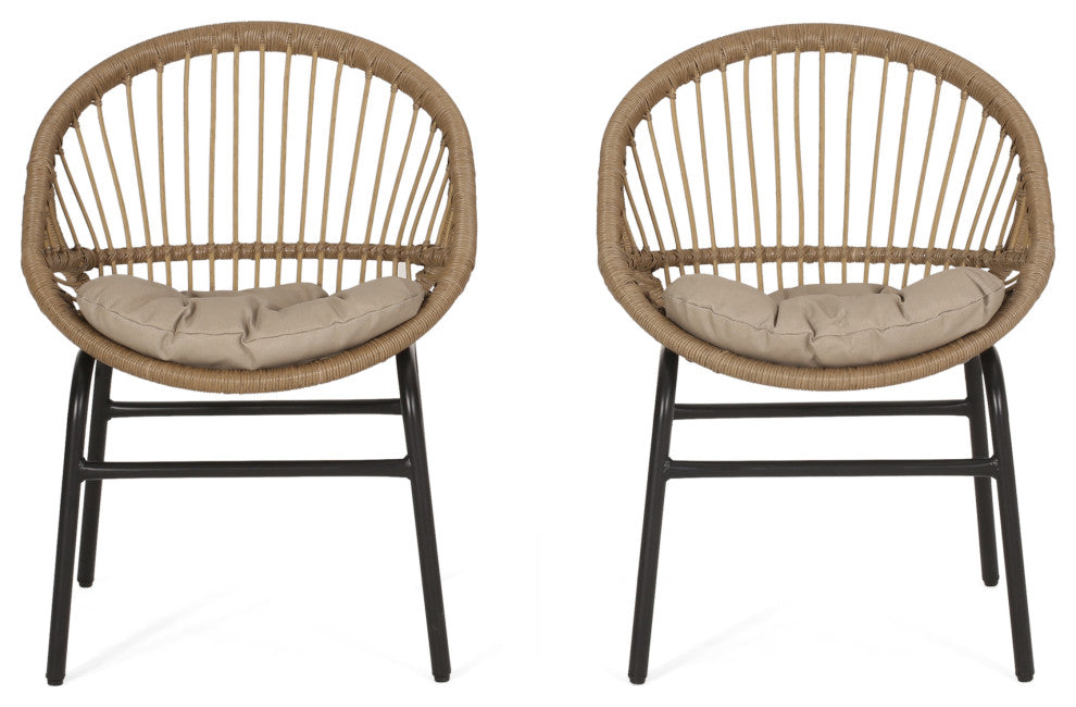 Dero Outdoor Wicker Dining Chairs With Cushion, Set of 2, Light Brown and Beige