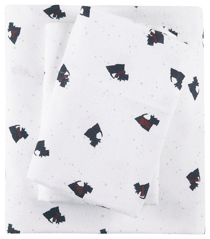 Woolrich Flannel Cotton Flannel Winter Sheet Set, White Scottie