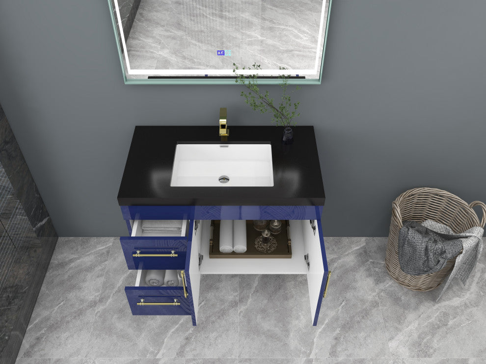 Rosa 36" Wall Mounted Modern Vanity, High Gloss Night Blue, Matt Black Top