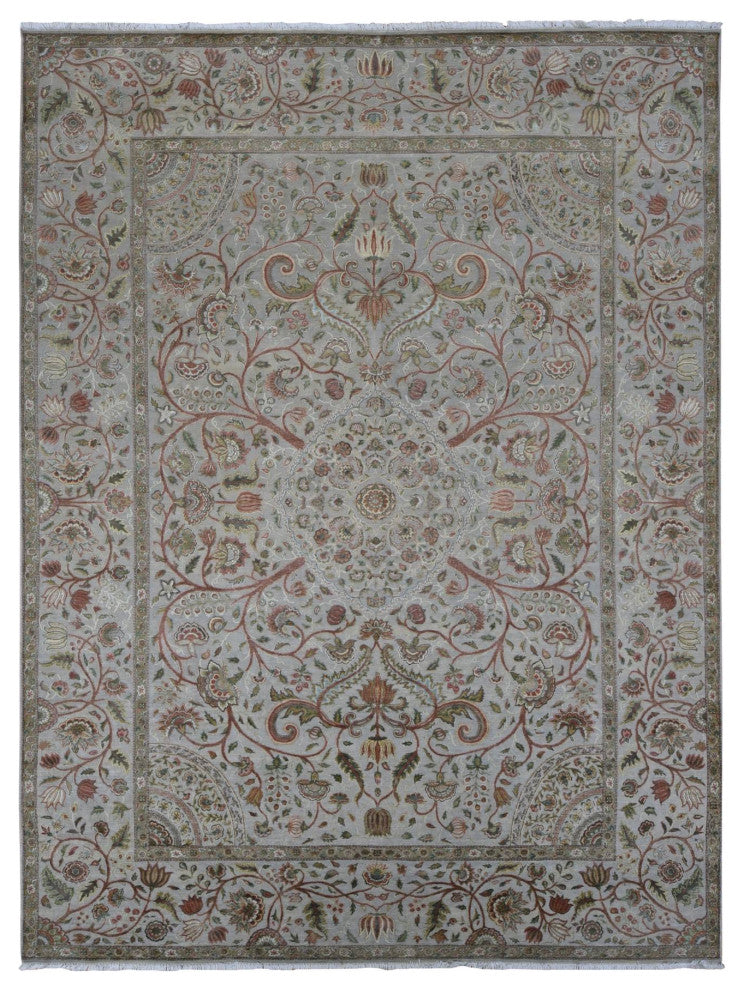 Gray Silk With Wool Mughal Inspired Branch Design Hand Knotted Rug 10'1"x13'9"