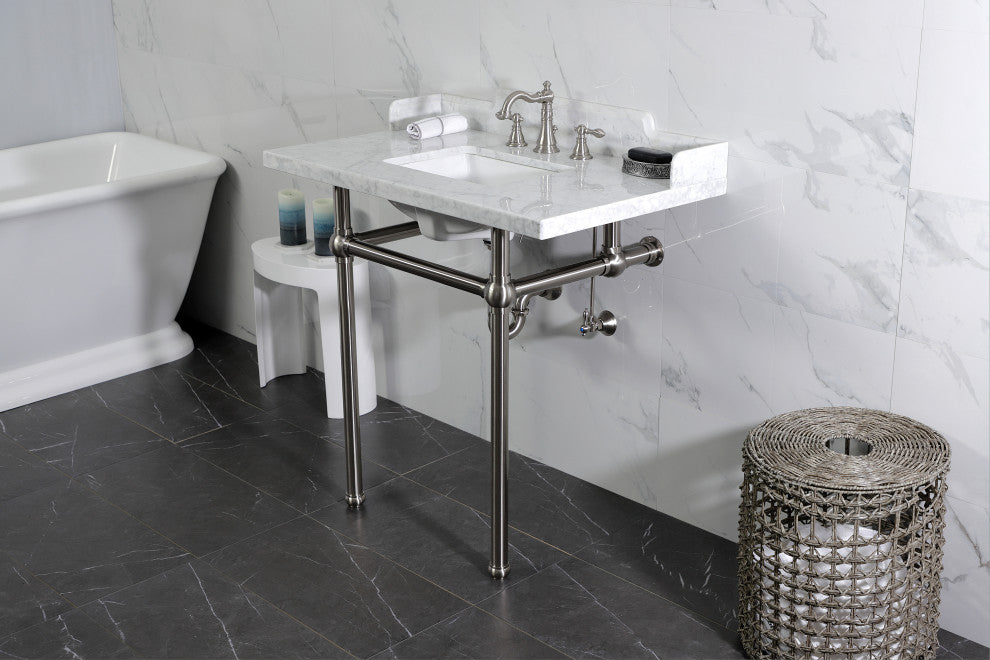 Kingston Brass LMS36MBSQ8 36" Carrara Marble Console Sink, Legs