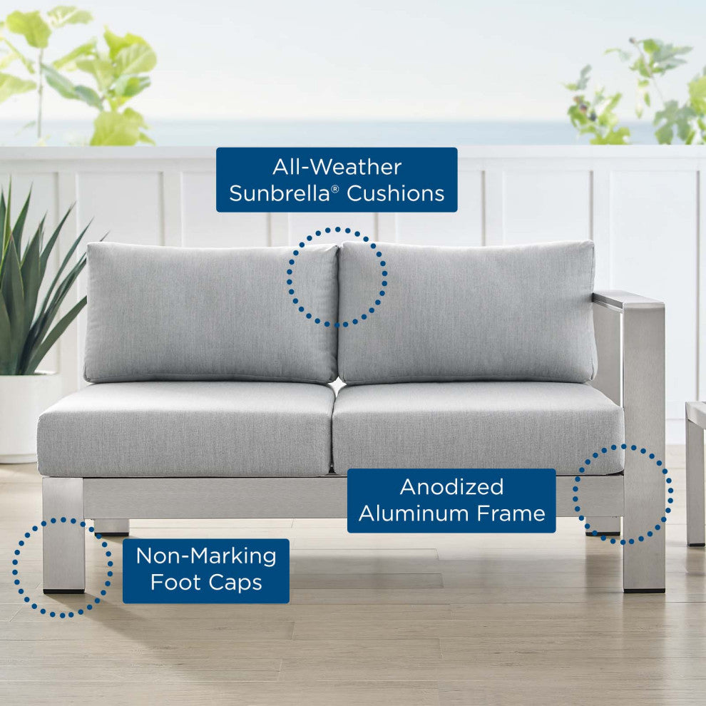 Lounge Loveseat Sofa, Sunbrella, Fabric, Aluminum, Silver Gray, Outdoor