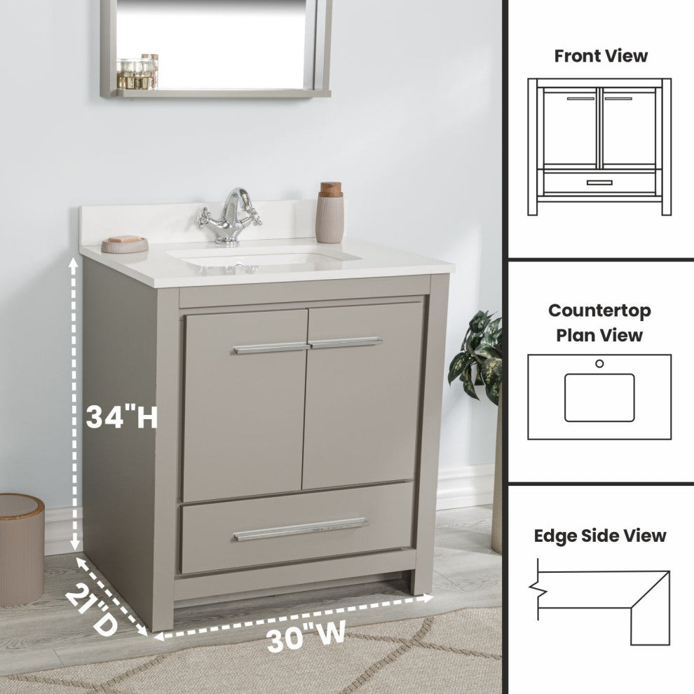 Mila Collection 30" Bathroom Vanity With Sink, Mirror, Countertop, Ash Gray