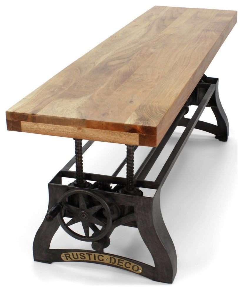 Crescent Industrial Dining Bench - Adjustable Iron Base - Hardwood Seat