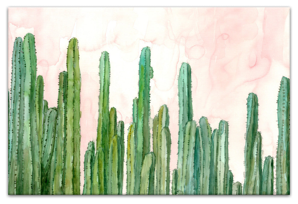 Field of Cactus on Pink Watercolor Print on Canvas